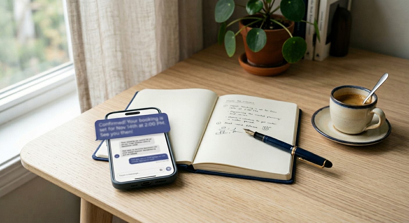A smartphone on a small-business owner's desk showing an AI assistant confirming a customer booking, beside an open notebook and a coffee