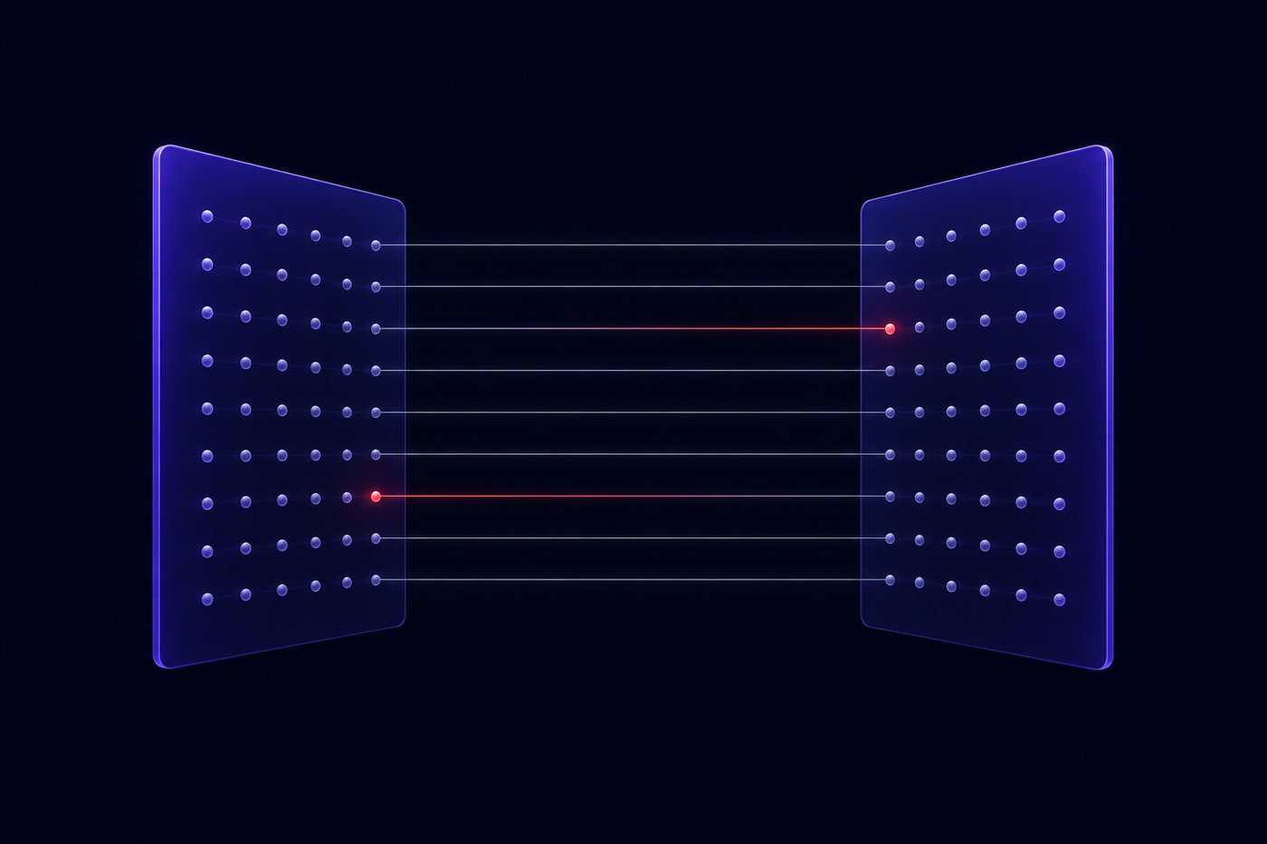 Two identical translucent panels side by side holding matching grids of dots, connected by faint light beams, with two connections glowing red where the dots differ