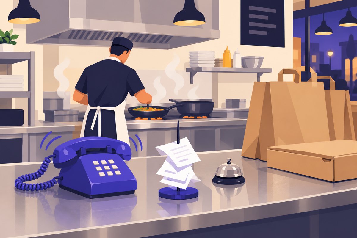An illustration of a busy takeaway counter with a ringing phone, a printed order ticket and a cook working behind the counter