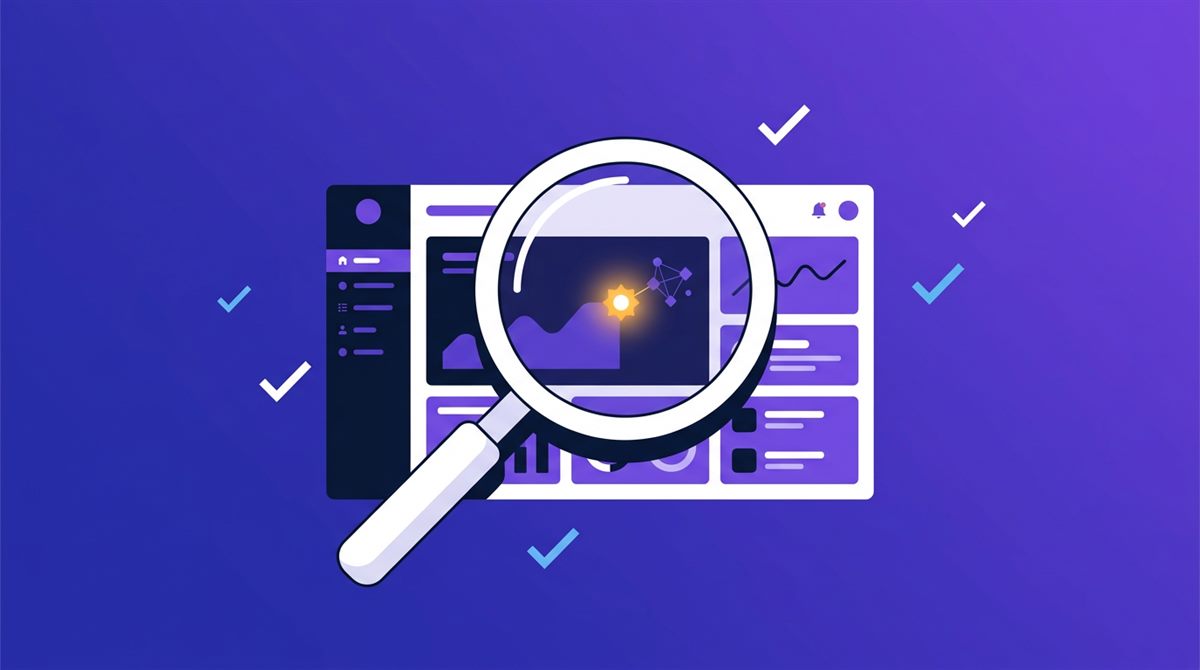 A magnifying glass inspecting a website dashboard with a glowing AI node and check marks, illustrating an AI SEO audit