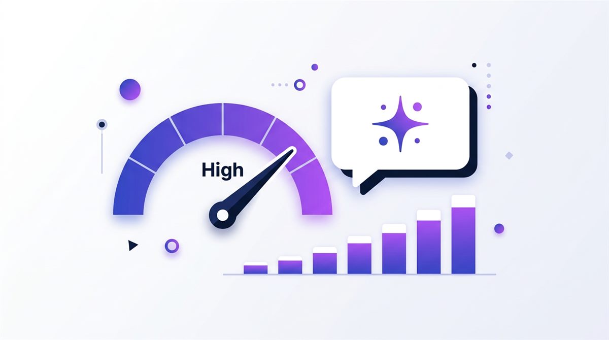 A score gauge reading high next to an AI chat bubble and a rising bar chart, illustrating an AI visibility score