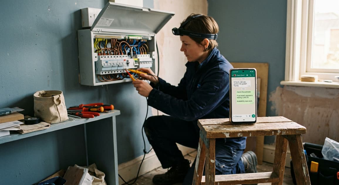 An electrician working at an open consumer unit with a phone propped nearby showing a WhatsApp chat that has replied to a customer and drafted a price