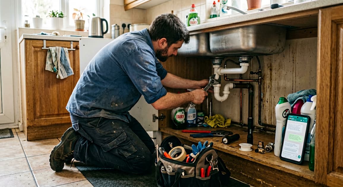 A plumber kneeling under a kitchen sink with a phone propped nearby showing a WhatsApp chat that has replied to a customer and drafted a price