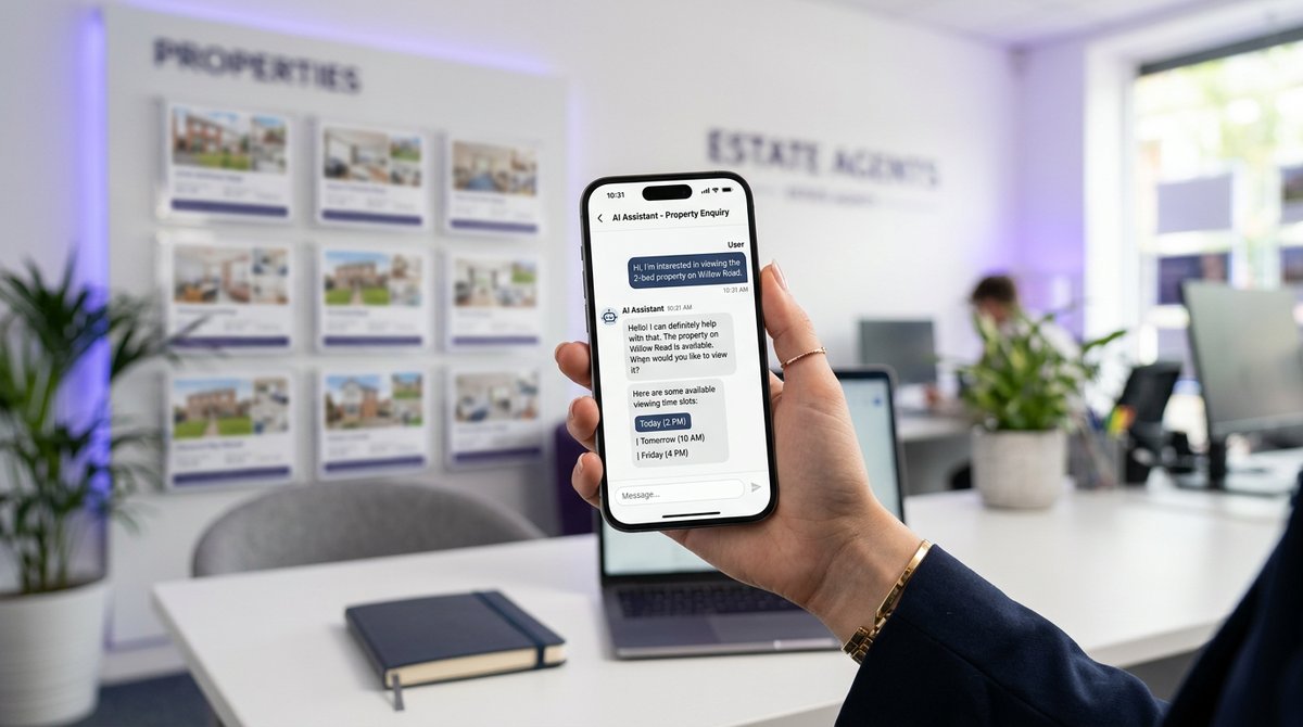 An estate agent's AI assistant instantly replying to a property enquiry and booking a viewing on a phone