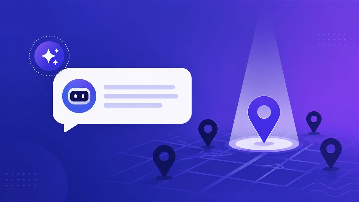 An AI chat bubble with a spotlight highlighting one business location pin among several, illustrating whether ChatGPT recommends your business