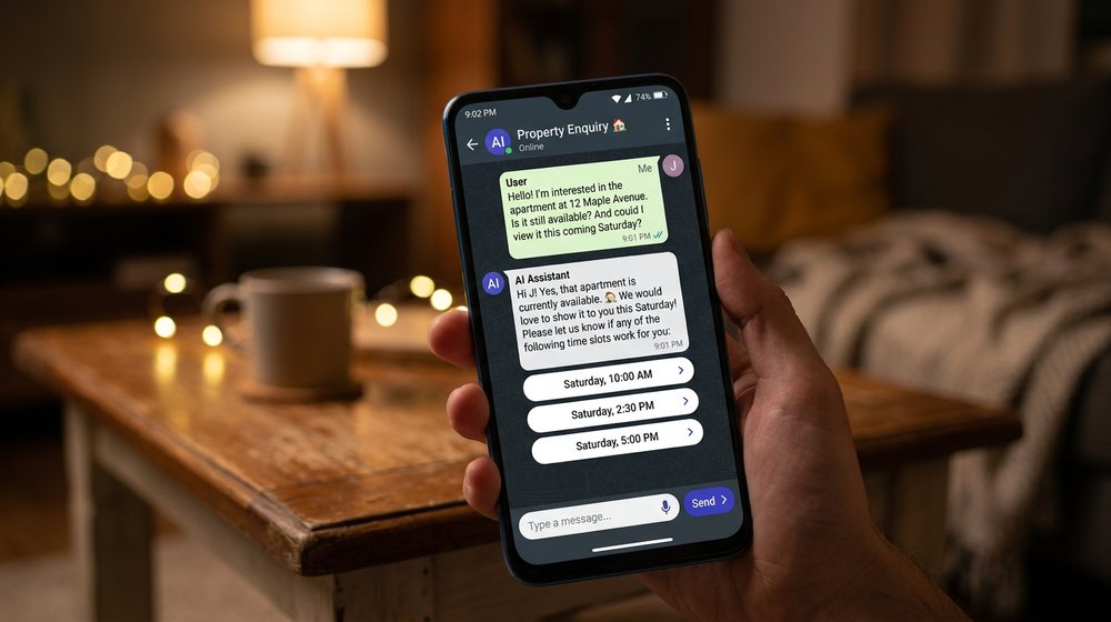 A phone screen showing an AI assistant replying to a Rightmove enquiry at 9pm and offering Saturday viewing slots
