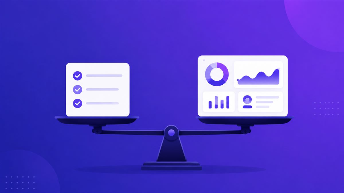 A balance scale weighing a simple checklist card against a premium analytics dashboard card, illustrating free versus paid SEO audit tools