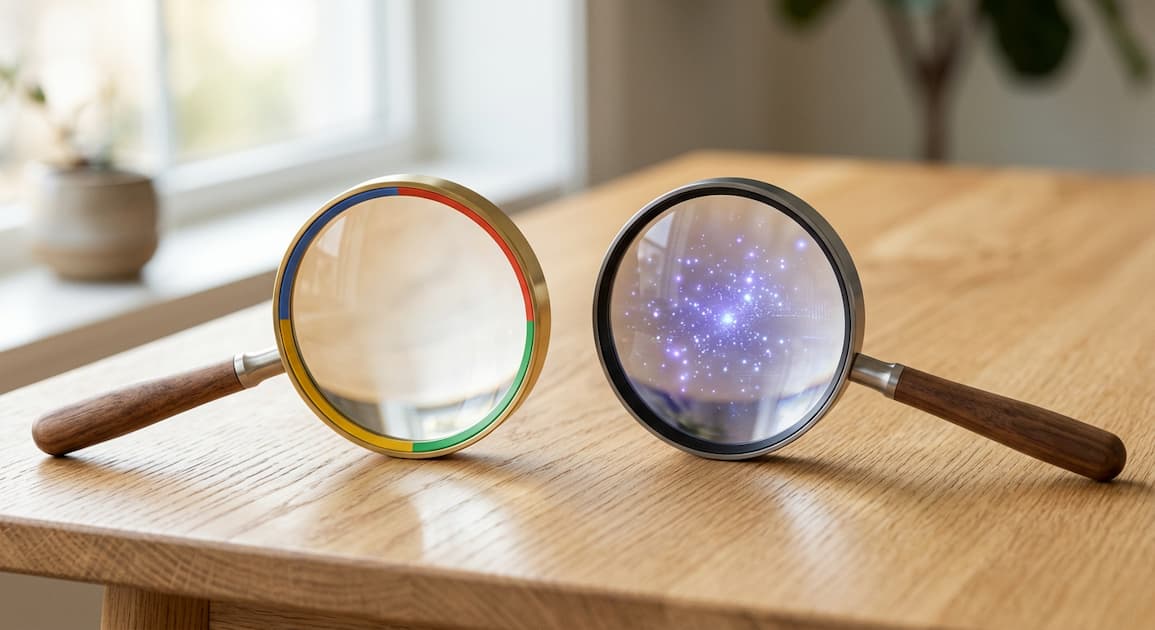Visual comparison of traditional SEO and Generative Engine Optimization shown as two magnifying glasses