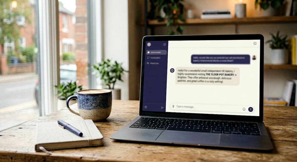 ChatGPT recommending a small UK bakery by name in its answer on a laptop screen