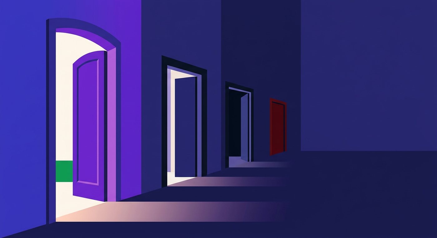 A row of five doorways receding into the distance, the first wide open and lit, each progressively narrower, the last sealed and dark red