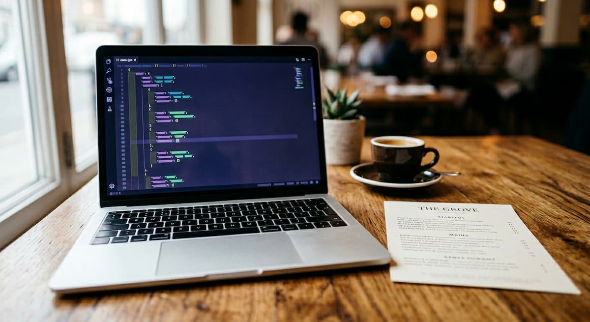 JSON-LD schema markup on a laptop next to a printed restaurant menu, showing how structured data describes a small business to AI search