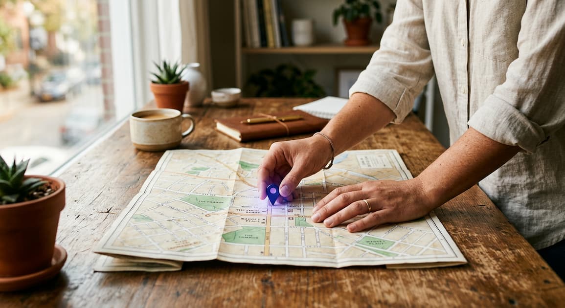 Small-business owner pinning a glowing indigo location pin onto a city map, representing AI search visibility