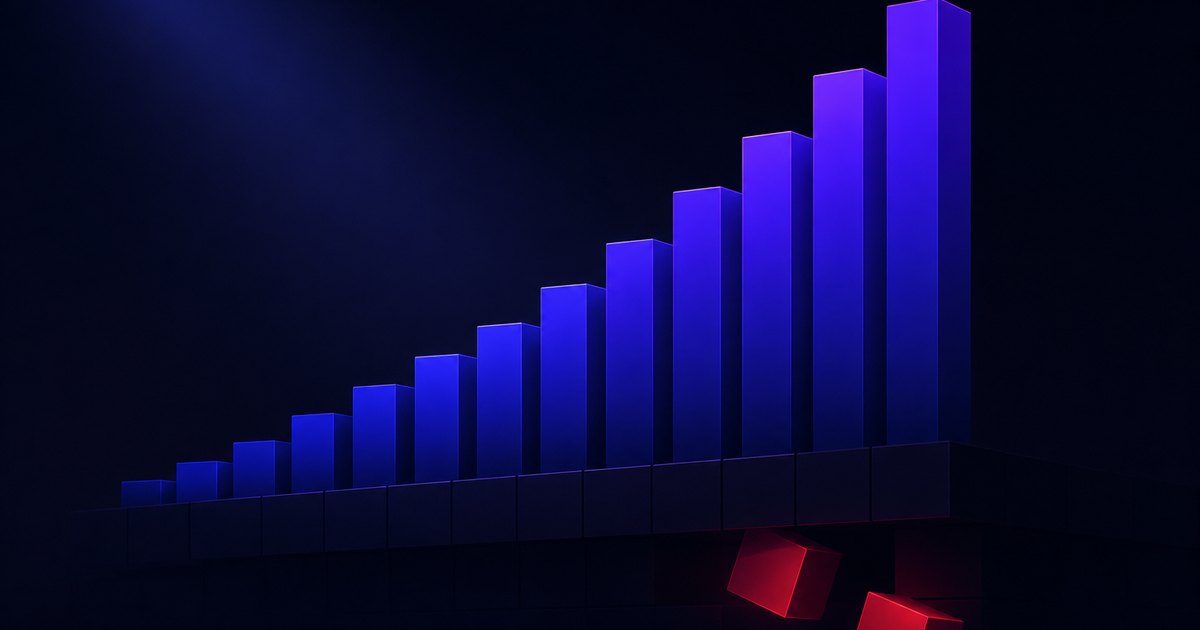 A rising bar chart of glowing indigo blocks climbing left to right, with two red blocks fallen out of the structure beneath it