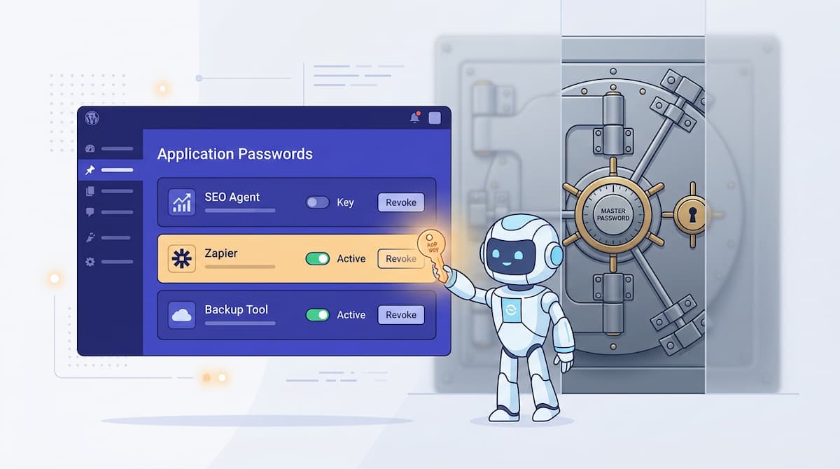 A WordPress dashboard screen showing the Users Application Passwords panel, with an AI agent symbolised by a small robot reaching for a single scoped credential while the master password sits locked in a vault behind glass