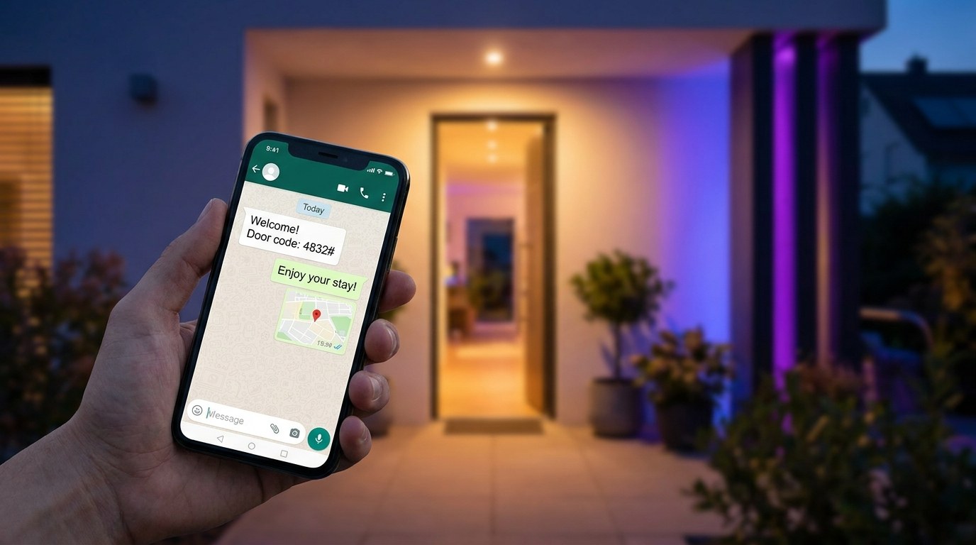WhatsApp self check-in by Pivot Bureau — a guest verifies ID and house rules, then automatically receives their door code, WiFi and directions